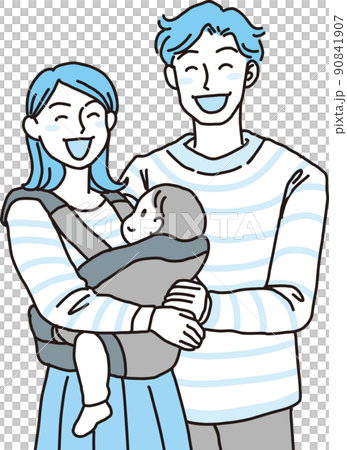 笑顔のパパと抱っこ紐ママ_上半身像_シアン 90841907