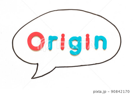 Alphabet letter with word origin in black line hand drawing as bubble speech on white board background 90842170