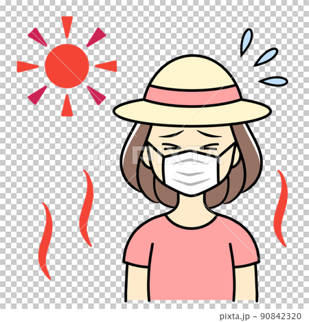 夏場のマスク着用で暑そうな、帽子の若い女性 90842320