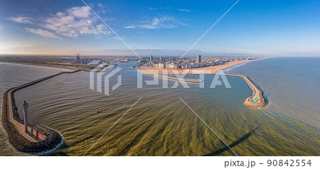 Drone panorama over the harbor and skyline of the Belgian city of Oostende 90842554