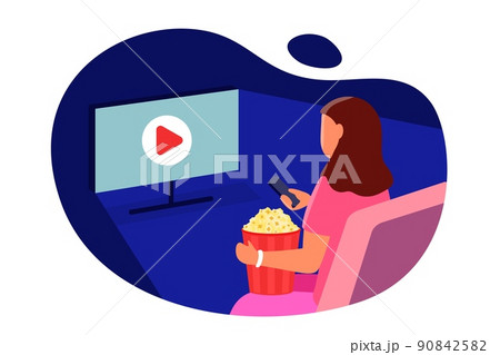 Watch movie Girl with popcorn sitting in front of the screen tv Watch movie Girl with popcorn sitting in front of the screen tv 90842582