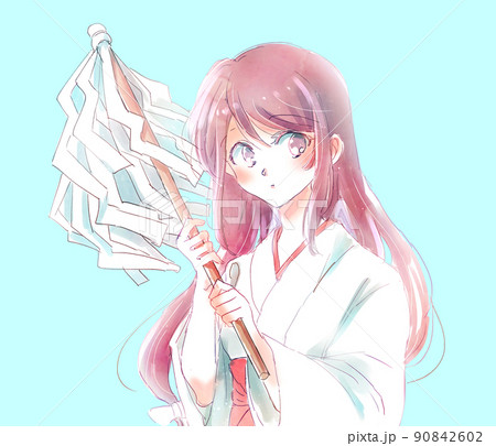 御幣を持っている巫女さん 90842602