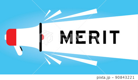 Color megphone icon with word merit in white banner on blue background Color megphone icon with word merit in white banner on blue background 90843221