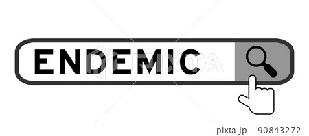 Search banner in word endemic with hand over magnifier icon on white background Search banner in word endemic with hand over magnifier icon on white background 90843272