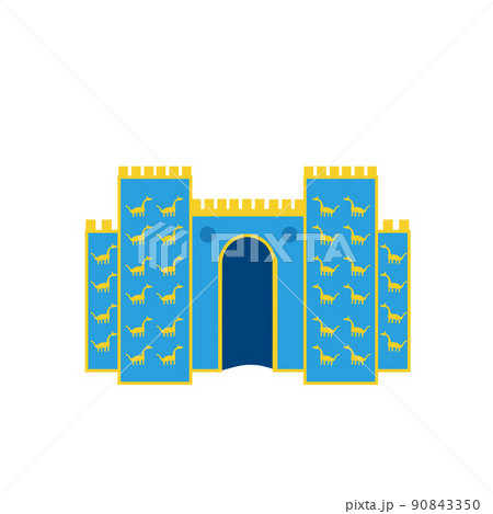 Ishtar Gate in Babylon. Ancient city of Iraq and Mesopotamia. Blue fortress and wall with passage. 90843350