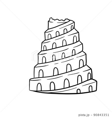 Tower of Babel. Ancient city Babylon of Mesopotamia and Iraq. Biblical story. Sumerian civilization. History and archaeology. Hand drawn sketch 90843351