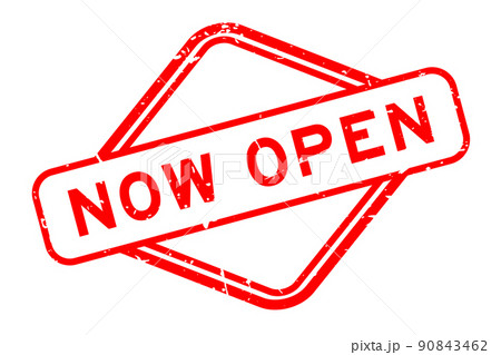 Grunge red now open word rubber seal stamp on white background 90843462