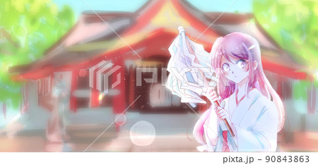 御幣を持っている巫女さん　背景神社 90843863