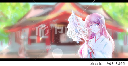 御幣を持っている巫女さん 背景神社 御幣を持っている巫女さん 背景神社 90843866