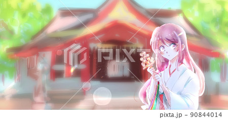 神楽鈴を持った巫女さん　背景神社 90844014