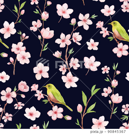 Branch of Cherry blossom watercolor seamless pattern on white backgraund. Japanese flowers and bird. Floral pink background 90845367