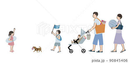 花火や浮き輪を持って犬と一緒にお出かけする楽しそうな家族のイラストのイラスト素材