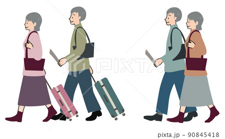 スーツケースを引くシニア夫婦と地図を片手に歩く夫婦の2パターンセット スーツケースを引くシニア夫婦と地図を片手に歩く夫婦の2パターンセット 90845418