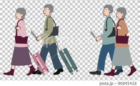 スーツケースを引くシニア夫婦と地図を片手に歩く夫婦の2パターンセット スーツケースを引くシニア夫婦と地図を片手に歩く夫婦の2パターンセット 90845418