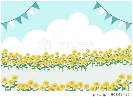 ひまわり畑と青空、入道雲、フラッグの背景セット 90845419