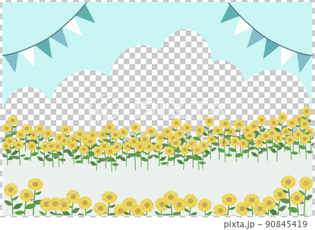 ひまわり畑と青空、入道雲、フラッグの背景セット 90845419