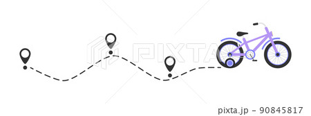Cute colorful bicycle with start location pin. Color child bike with line route. Healthy and travel concept. Vector illustration isolated on white. Cute colorful bicycle with start location pin. Color child bike with line route. Healthy and travel concept. Vector illustration isolated on white. 90845817