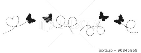 Butterflies set. Butterfly silhouette flying on dotted route. Beauty insects with open wings. Vector isolated on white background.	 90845869