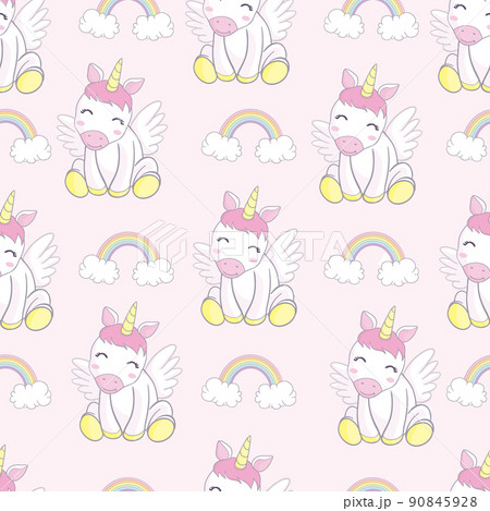 seamless pattern with cartoon unicorns, rainbows, clouds, decor elements on a neutral background. Colorful vector flat style for kids. 90845928