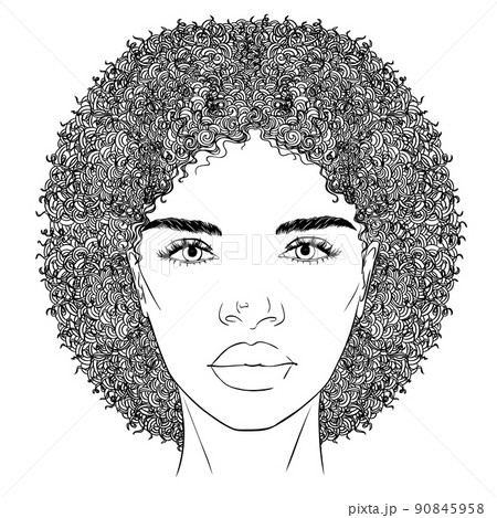 Black African American girl woman beautiful lady head face vector silhouette drawing illustration with curly hair and pink ribbon bow isolated on white background.Logo. 90845958