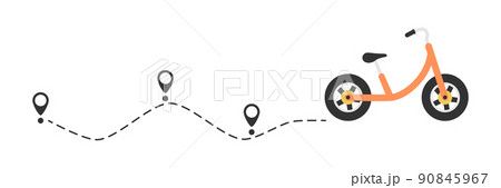 Cute colorful bicycle with start location pin. Color child bike with line route. Healthy and travel concept. Vector illustration isolated on white.	 90845967
