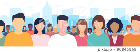 People crowd in casual cloths. Male and female faces group. Multicultural people population. Human portraits collection in city. Vector illustration isolated on white. 90845969