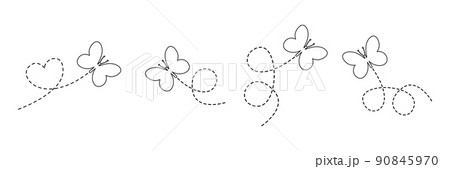 Cute line butterflies set. Butterfly flying on dotted route. Beauty linear insects with open wings. Vector isolated on white background.	 90845970