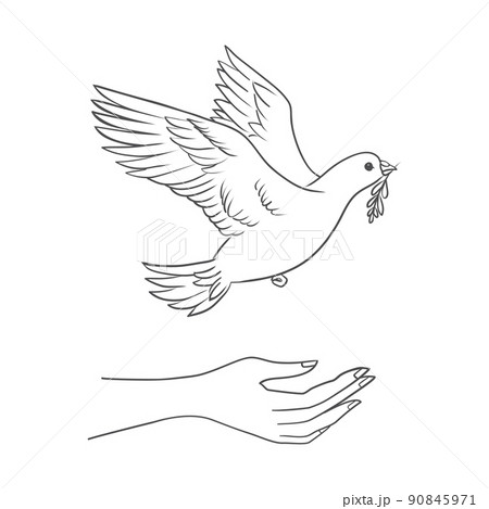 Peace dove with olive branch in the beak flying and hands down. 90845971