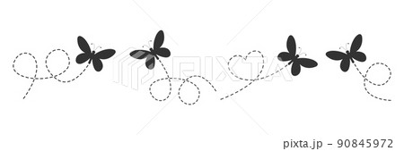 Butterflies set. Butterfly silhouette flying on dotted route. Beauty insects with open wings. Vector isolated on white background.	 90845972