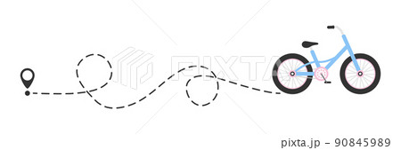 Cute colorful bicycle with start location pin. Color child bike with line route. Healthy and travel concept. Vector illustration isolated on white. Cute colorful bicycle with start location pin. Color child bike with line route. Healthy and travel concept. Vector illustration isolated on white. 90845989