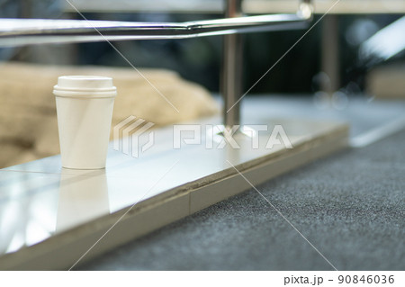 White cardboard coffee cup paper background tea takeaway go disposable, concept empty portable from take from refreshment thirsty, lid shot. Cold morning, 90846036