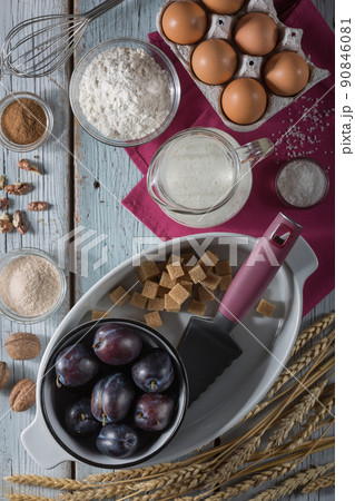 Home cooking baking plum cake with ingredients Home cooking baking plum cake with ingredients 90846081