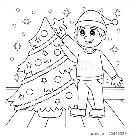 Christmas Boy And Christmas Tree Coloring Page  90846529