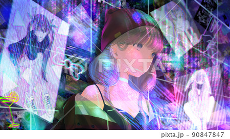 ネオン クラブ 女の子 グリッチ イラストのイラスト素材