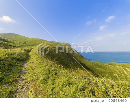 北海道・礼文島 海沿いの丘陵と青空 / Rebun Island, Japan 90848460