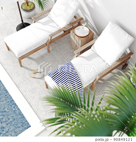 A luxury modern backyard with a swimming pool, sunbed and palm, 3d rendering 90849121