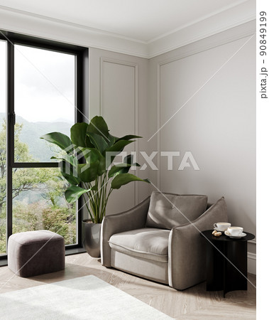Living room interior with beige sofa, coffee table with cup of coffee and plant, 3D render Living room interior with beige sofa, coffee table with cup of coffee and plant, 3D render 90849199
