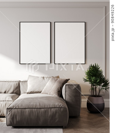 blank two frames mock up in modern living room interior with gray sofa, and palm tropical leaves, 3d rendering 90849226