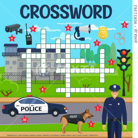 Police, law or policeman, crossword grid worksheet, find word quiz. Crossword vector puzzle or riddle grid to guess police automobile, traffic lights and handcuffs with prison and walkie-talkie Police, law or policeman, crossword grid worksheet, find word quiz. Crossword vector puzzle or riddle grid to guess police automobile, traffic lights and handcuffs with prison and walkie-talkie 90851362
