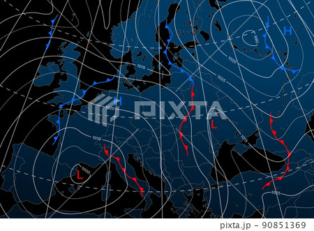 Forecast weather isobar night map of Europe, wind fronts and temperature vector diagram. Meteorology climate and weather forecast isobar of Europe, cold and warm cyclone or atmospheric pressure chart 90851369