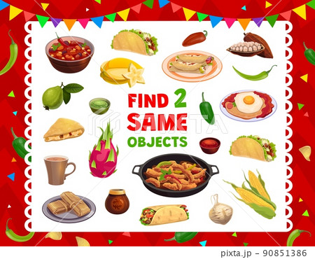 Mexican cuisine meals, fruits and drinks, find two same objects vector game worksheet. Find and match puzzle to find similar tacos and quesadilla with burrito, guacamole and mate tea, fajitos 90851386
