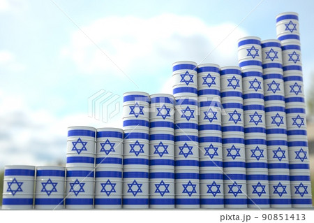 Steel oil drums with flag of Israel form increasing chart or upwards trend. Petrochemical industry growth concept, 3D rendering Steel oil drums with flag of Israel form increasing chart or upwards trend. Petrochemical industry growth concept, 3D rendering 90851413