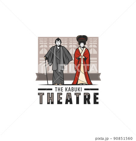 Japanese kabuki theater vector icon, Japan culture, history and traditions. Japanese traditional theater kabuki, performance art and national costumes of geisha in kimono 90851560
