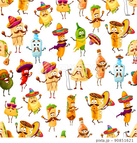 Mexican cartoon Tex Mex food characters seamless pattern, vector background. Mexican cuisine food and drinks pattern of funny burrito, taco and tequila in sombrero with guitar and maracas on fiesta 90851621