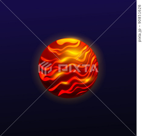 Cartoon red planet with hot lava surface, space and fantasy galaxy world, vector alien earth. Fantastic planet in galactic with craters of volcano magma, sun or burning asteroid and cosmic meteorite Cartoon red planet with hot lava surface, space and fantasy galaxy world, vector alien earth. Fantastic planet in galactic with craters of volcano magma, sun or burning asteroid and cosmic meteorite 90851626