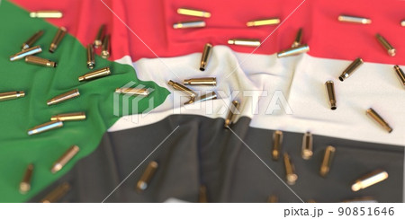 Flag of Sudan and bullet shells. Crime or war related 3D rendering Flag of Sudan and bullet shells. Crime or war related 3D rendering 90851646