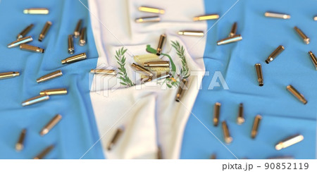 Many bullet shells on the flag of Guatemala. Gun control or war related 3D rendering 90852119
