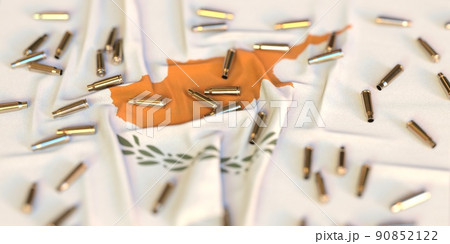Scattered bullet shells on the flag of Cyprus. Crime or violence related 3D rendering 90852122