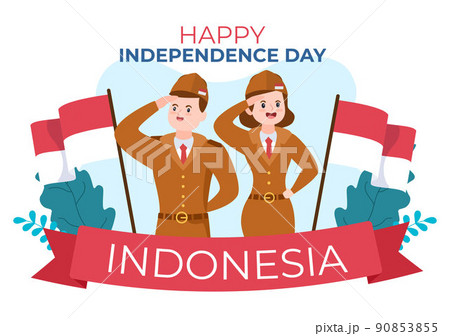 Indonesia Independence Day on August 17th with Traditional Games, Flag Red White and People Character in Flat Cute Cartoon Background Illustration