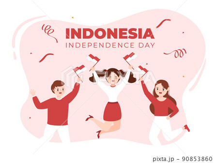 Indonesia Independence Day on August 17th with Traditional Games, Flag Red White and People Character in Flat Cute Cartoon Background Illustration